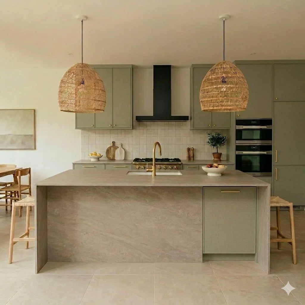 Aluminum carcass and sintered stone surfaces for a Johor Bahru condominium kitchen with separate dry and wet zones.